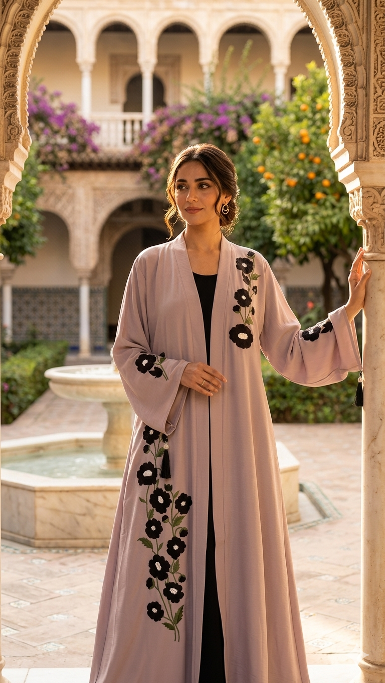 Woman wearing a light pink abaya with floral embroidery in an outdoor setting.