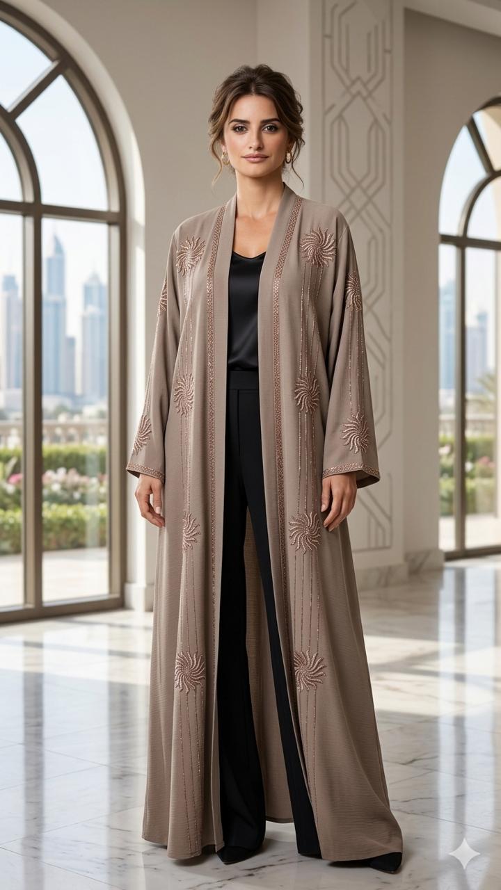 Woman wearing a long, embroidered brown coat in a modern building with large windows.