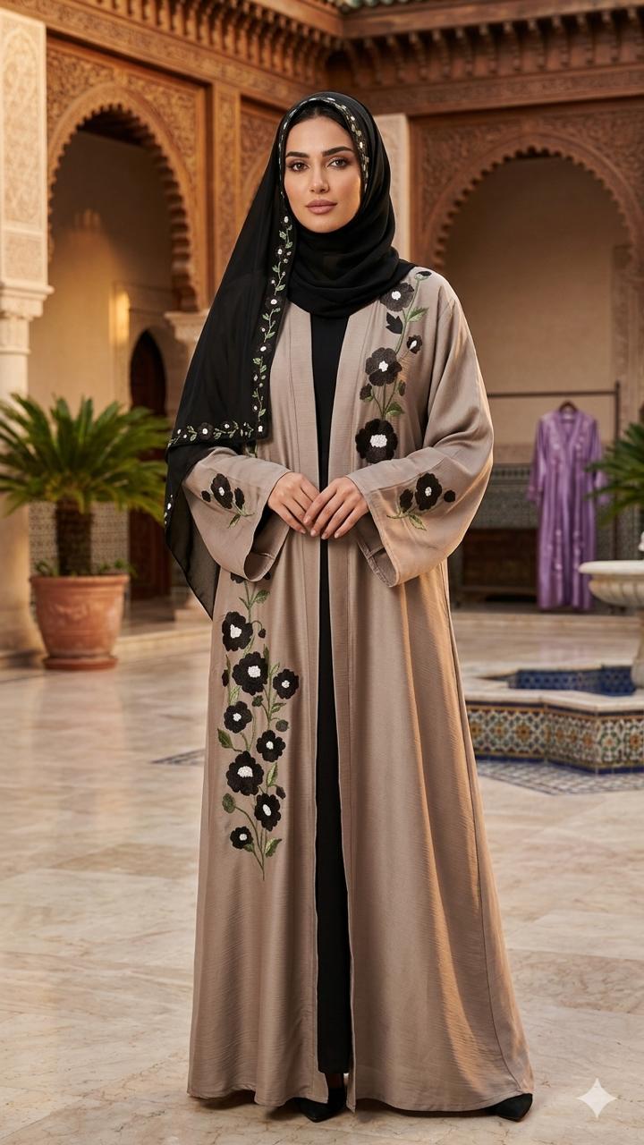 Woman wearing a beige abaya with black floral embroidery in an ornate indoor setting.