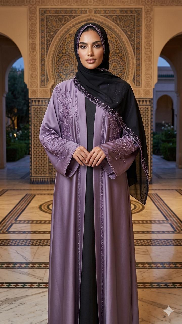 Woman in a purple abaya with black hijab standing in a decorative archway.