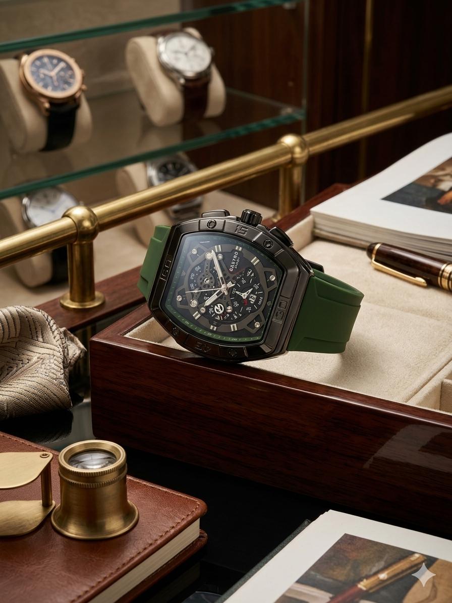 Luxury watch with green strap on a display case, surrounded by other watches and items.