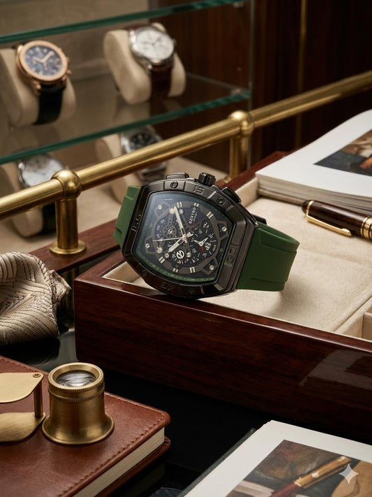 Luxury watch with green strap on a display case, surrounded by other watches and items.