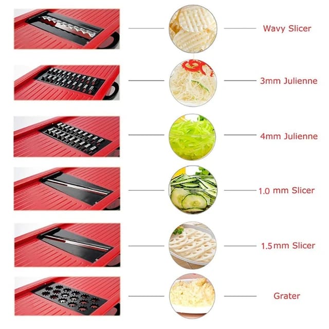 Red vegetable slicer with various attachments and sliced vegetables displayed.