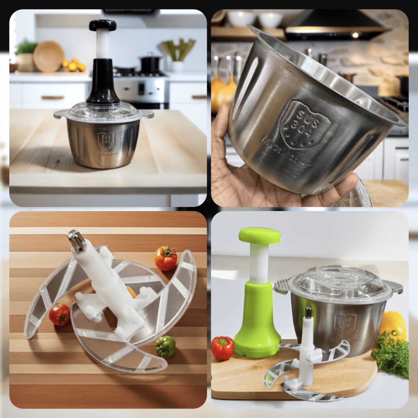 Multifunctional Manual Stainless steel bowl Hand Push Chopper With 4 Curved Stainless Steel Blades For Vegetables&Meat