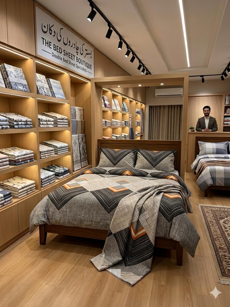 Bed sheet store interior with shelves displaying bed sheets and a bed with bedding set.