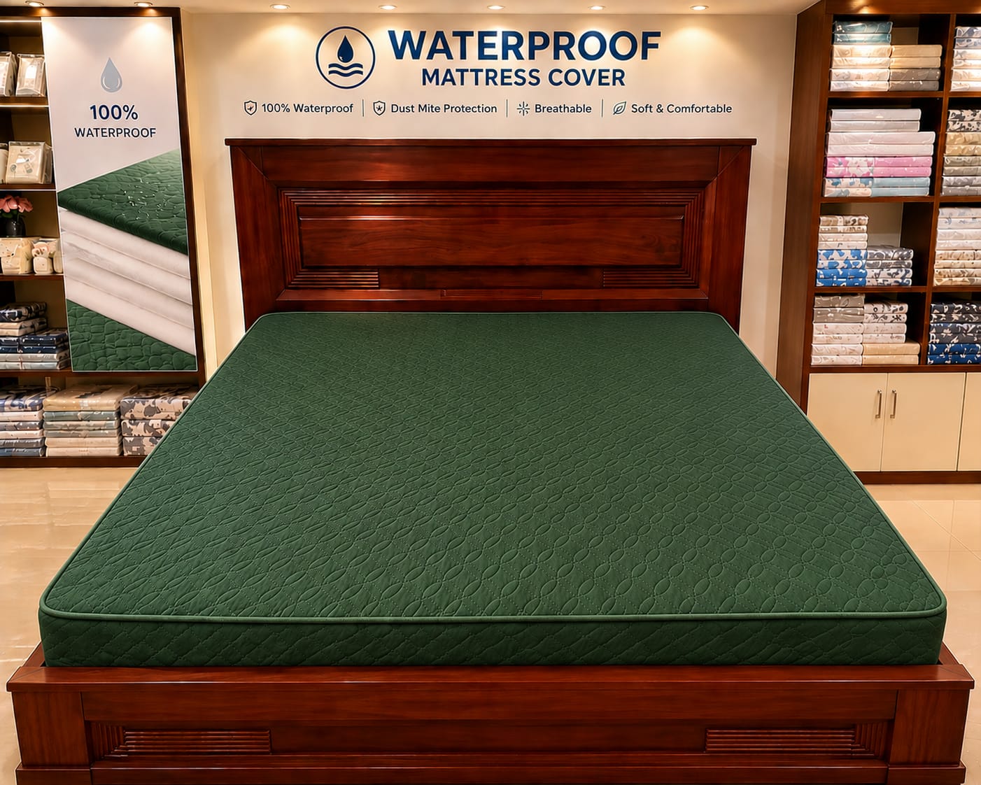 Green mattress cover on a bed with 'Waterproof Mattress Cover' branding in a store setting.