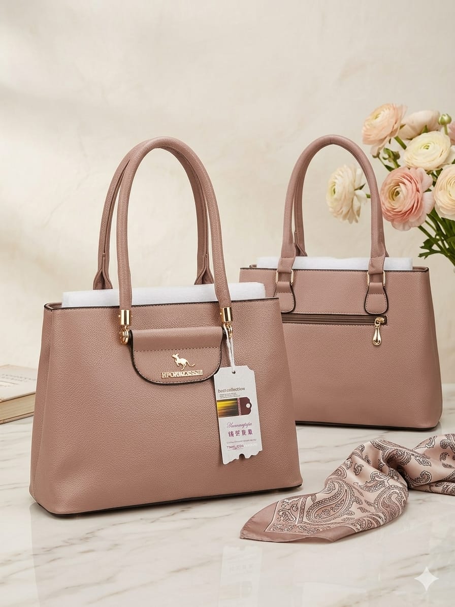 Two brown handbags with a tag on a light surface, accompanied by a scarf and flowers.