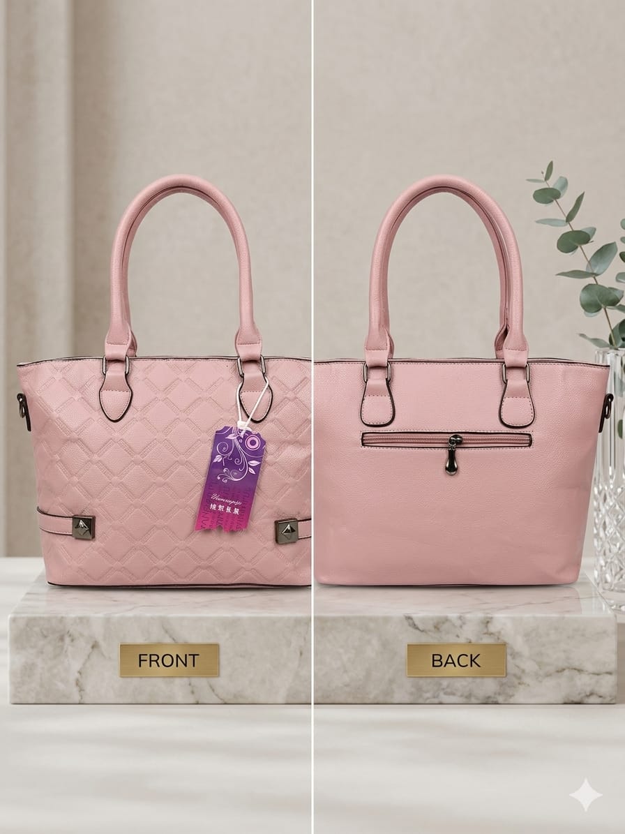 Pink handbag shown from front and back on a marble surface with a neutral background.