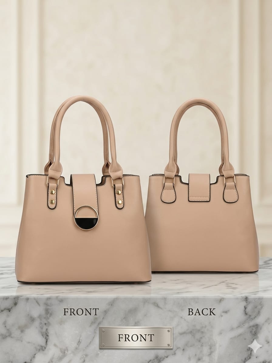 Beige handbag shown from front and back on a marble surface with a neutral background