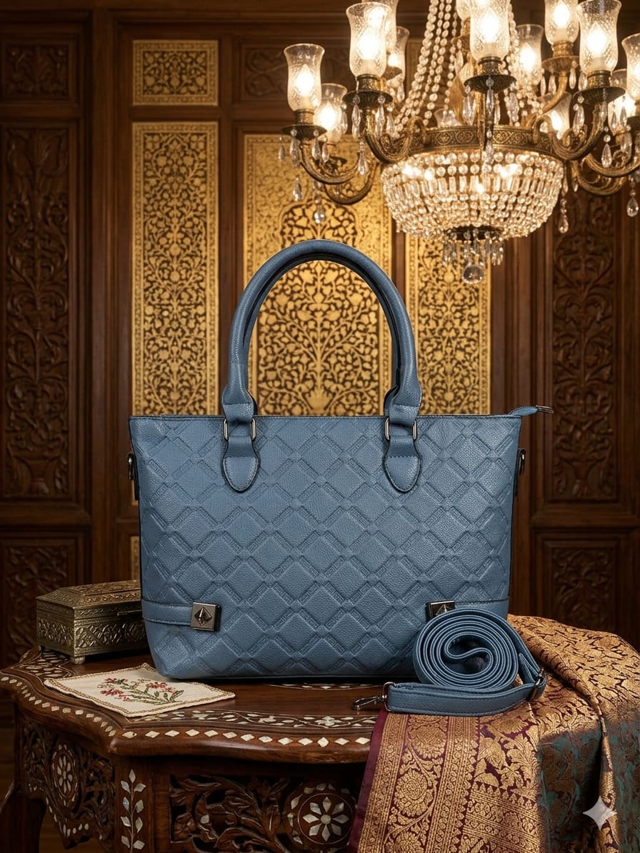 Blue quilted handbag on a decorative table with a chandelier in the background