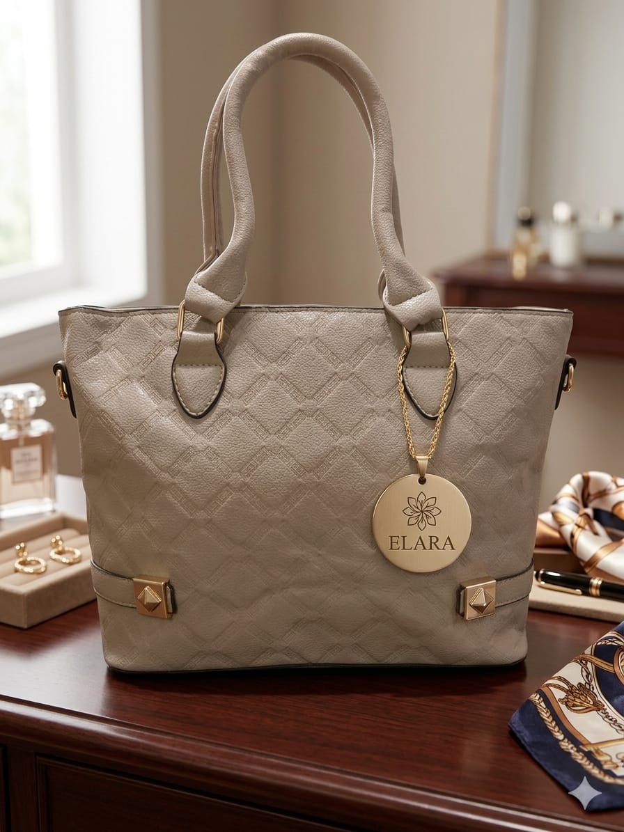 Beige quilted handbag with 'ELARA' tag on a wooden surface