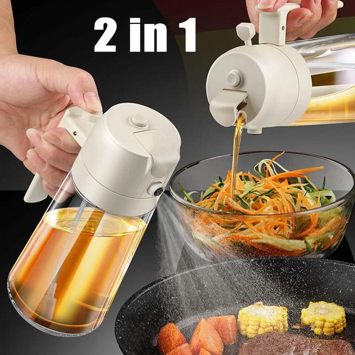 2-in-1 oil sprayer being used to drizzle oil over a dish of vegetables and meat.