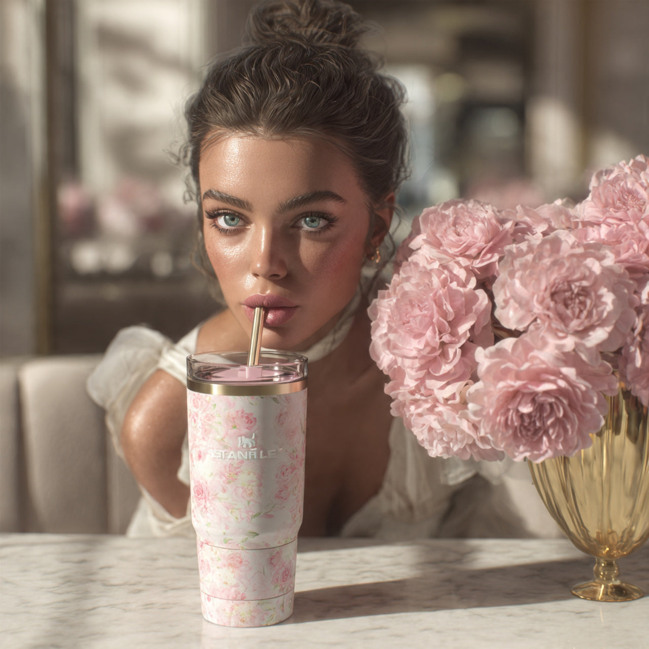Woman drinking from a floral-patterned tumbler with pink flowers in the background
