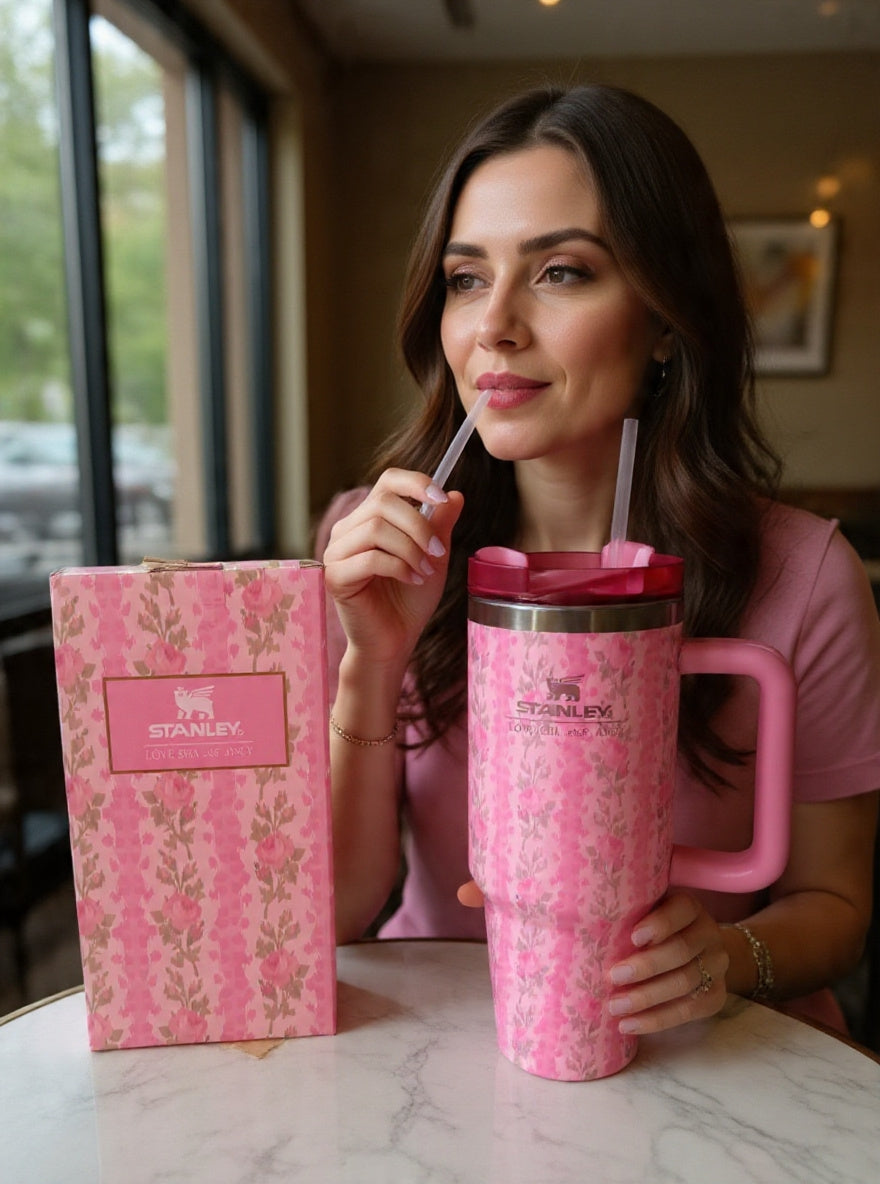 Woman holding a pink Stanley tumbler and box in a casual setting