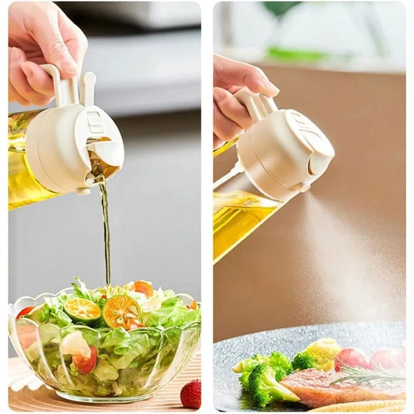 Oil dispenser being used to pour oil over a salad and on a piece of fish.