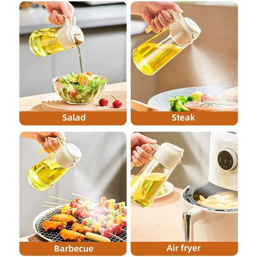 Oil dispenser being used on salads, steak, barbecue, and air fryer with different food items.